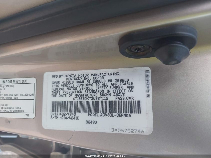 2003 Toyota Camry Le VIN: 4T1BE30K73U787115 Lot: 43725322