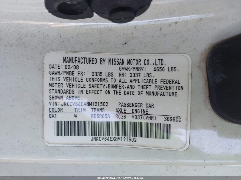 2008 Infiniti G37 Journey VIN: JNKCV64EX8M121502 Lot: 43725324