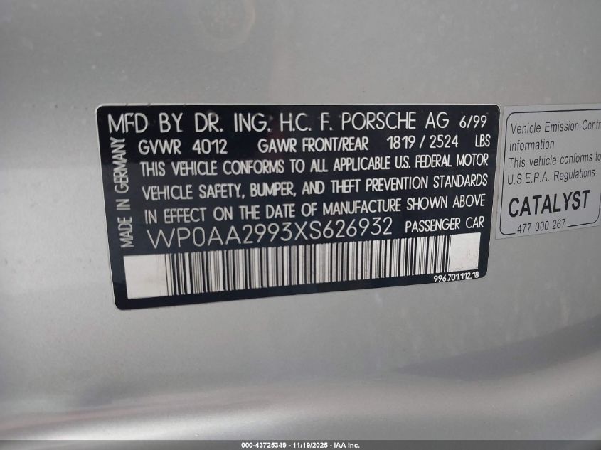 1999 Porsche 911 Carrera/Carrera 4/Carrera Tiptronic VIN: WP0AA2993XS626932 Lot: 43725349
