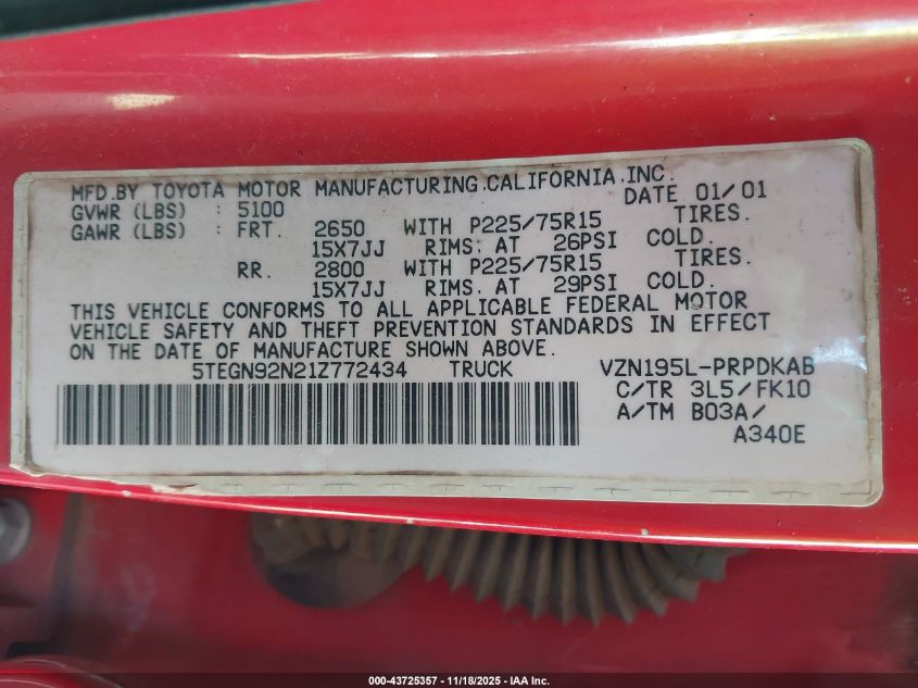 2001 Toyota Tacoma Prerunner V6 VIN: 5TEGN92N21Z772434 Lot: 43725357