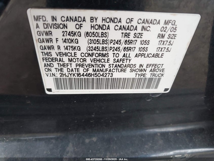 2006 Honda Ridgeline Rts VIN: 2HJYK16446H504273 Lot: 43725358