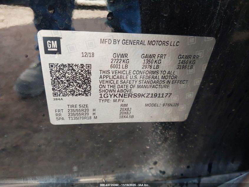 2019 Cadillac Xt5 Premium Luxury VIN: 1GYKNERS9KZ191177 Lot: 43725360