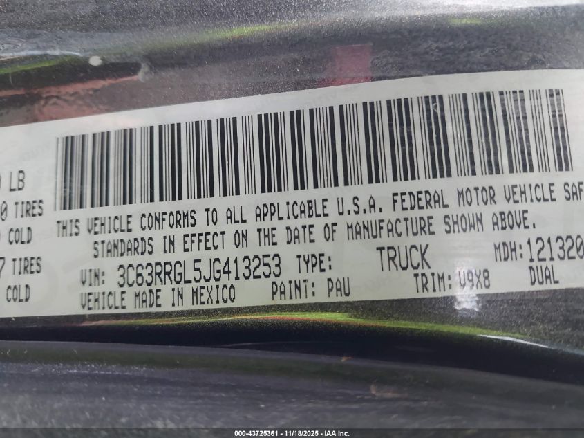 2018 Ram 3500 Tradesman 4X4 8' Box VIN: 3C63RRGL5JG413253 Lot: 43725361