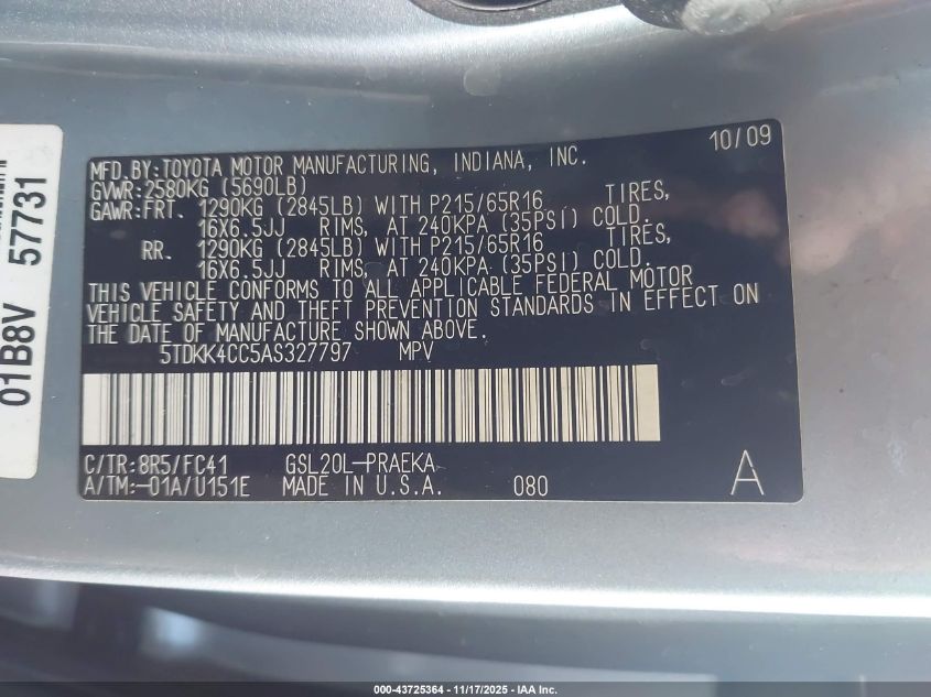 2010 Toyota Sienna Le VIN: 5TDKK4CC5AS327797 Lot: 43725364