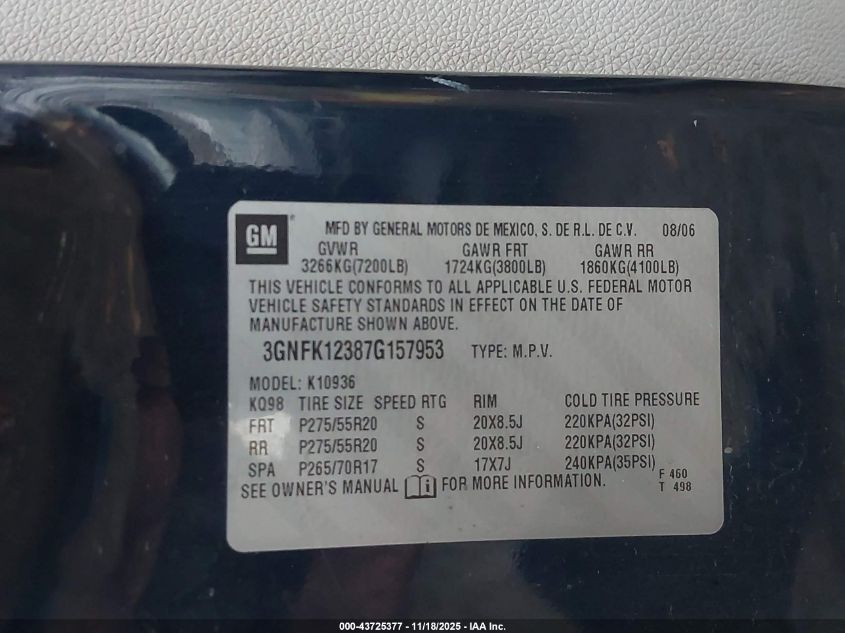2007 Chevrolet Avalanche 1500 Ltz VIN: 3GNFK12387G157953 Lot: 43725377