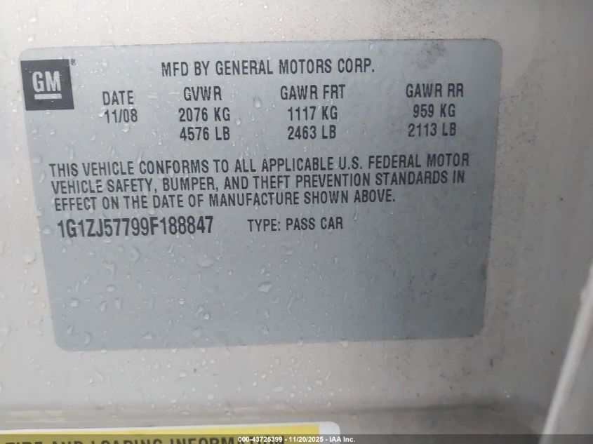 2009 Chevrolet Malibu Lt VIN: 1G1ZJ57799F188847 Lot: 43725399