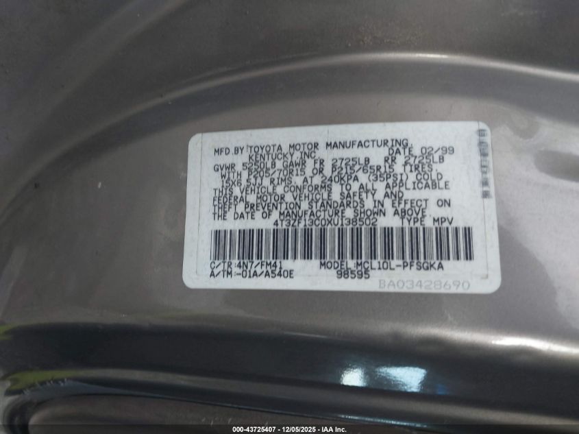 1999 Toyota Sienna Xle VIN: 4T3ZF13C0XU138502 Lot: 43725407