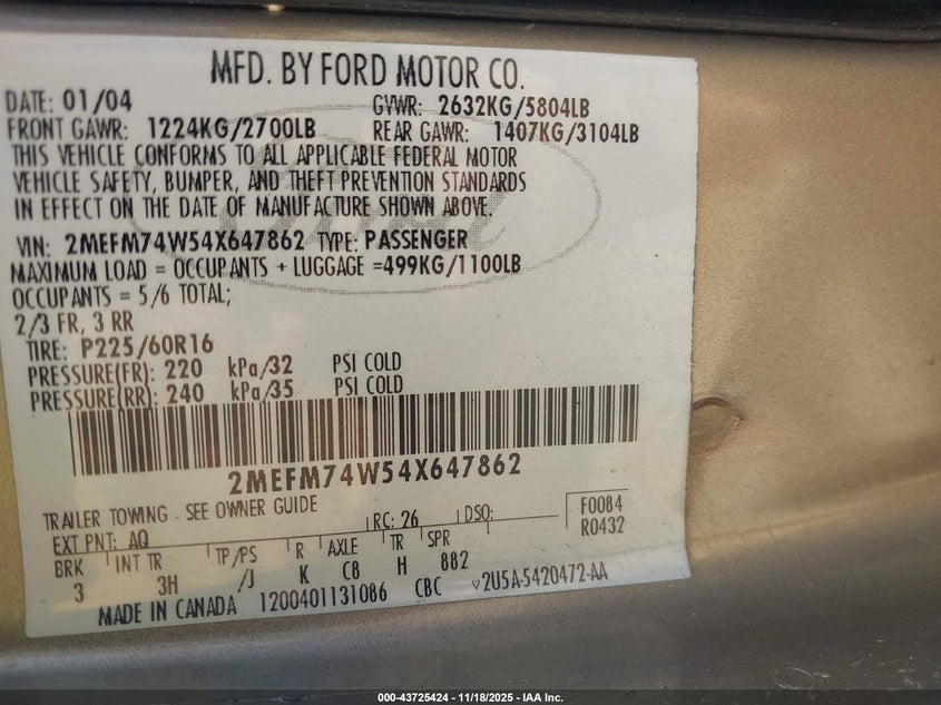2004 Mercury Grand Marquis Gs VIN: 2MEFM74W54X647862 Lot: 43725424