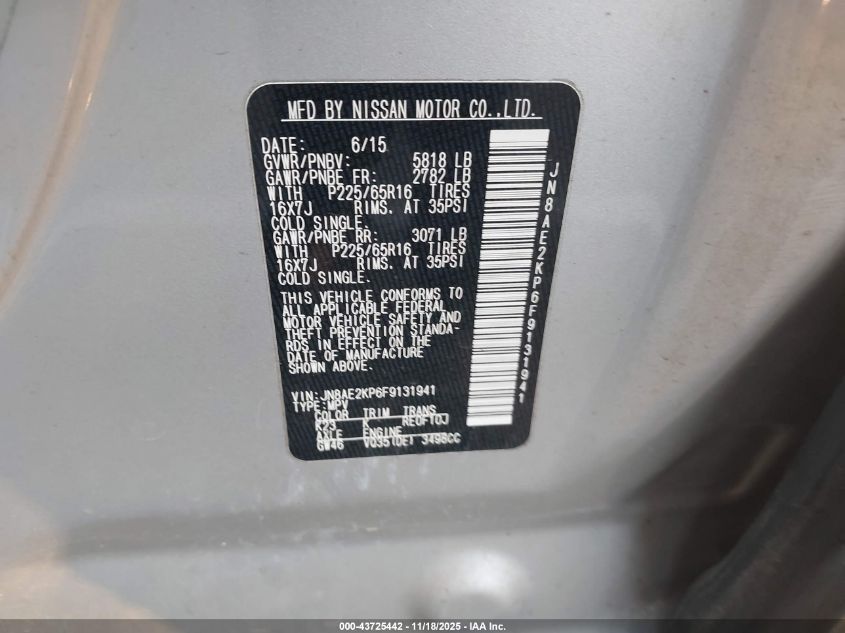 2015 Nissan Quest Sv VIN: JN8AE2KP6F9131941 Lot: 43725442