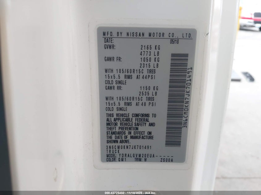 2018 Nissan Nv200 Sv VIN: 3N6CM0KN7JK701491 Lot: 43725450