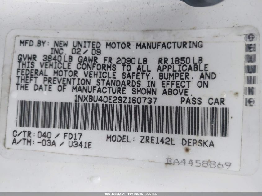 2009 Toyota Corolla S VIN: 1NXBU40E29Z160737 Lot: 43725451