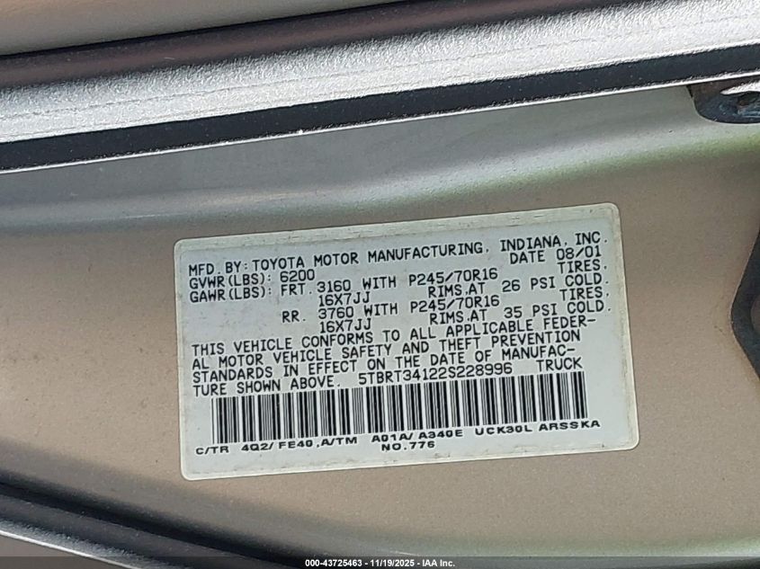 2002 Toyota Tundra Sr5 V8 VIN: 5TBRT34122S228996 Lot: 43725463