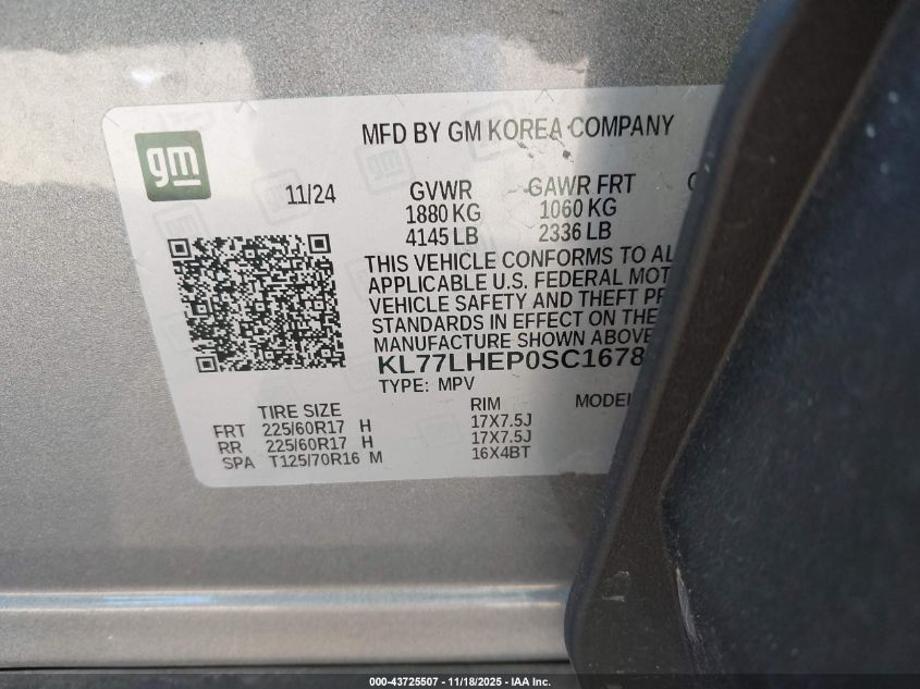 2025 Chevrolet Trax Fwd Lt VIN: KL77LHEP0SC167810 Lot: 43725507