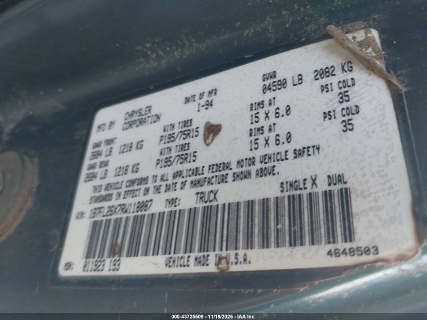 1994 Dodge Dakota VIN: 1B7FL26X7RW118087 Lot: 43725509