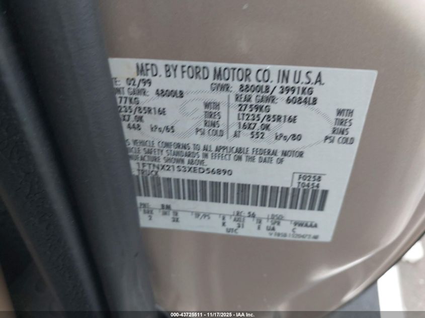 1999 Ford F-250 Lariat/Xl/Xlt VIN: 1FTNX21S3XED56890 Lot: 43725511