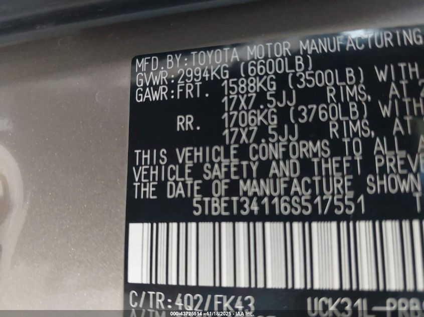 2006 Toyota Tundra Sr5 V8 VIN: 5TBET34116S517551 Lot: 43725514