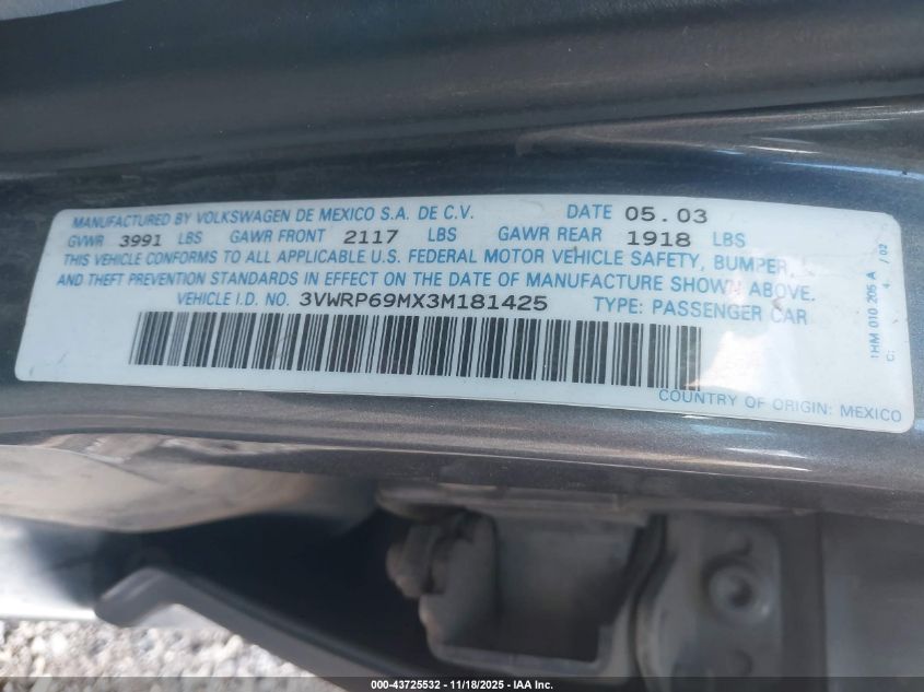 2003 Volkswagen Jetta Gl Tdi VIN: 3VWRP69MX3M181425 Lot: 43725532