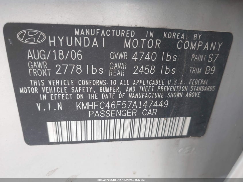 2007 Hyundai Azera Limited/Se VIN: KMHFC46F57A147449 Lot: 43725540