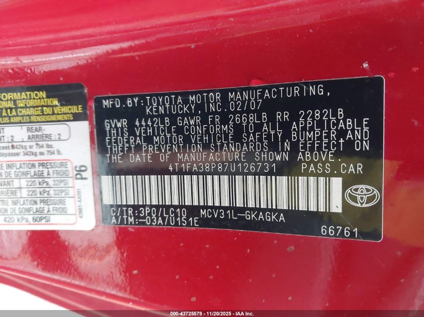 2007 Toyota Camry Solara Sle VIN: 4T1FA38P87U126731 Lot: 43725579