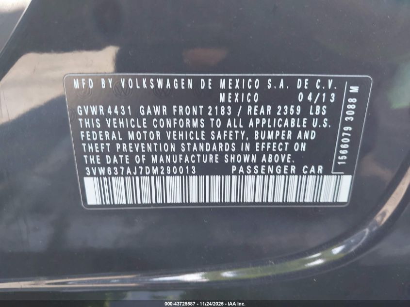 2013 Volkswagen Jetta Hybrid Se VIN: 3VW637AJ7DM290013 Lot: 43725587