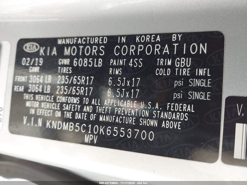 2019 Kia Sedona Lx VIN: KNDMB5C10K6553700 Lot: 43725604