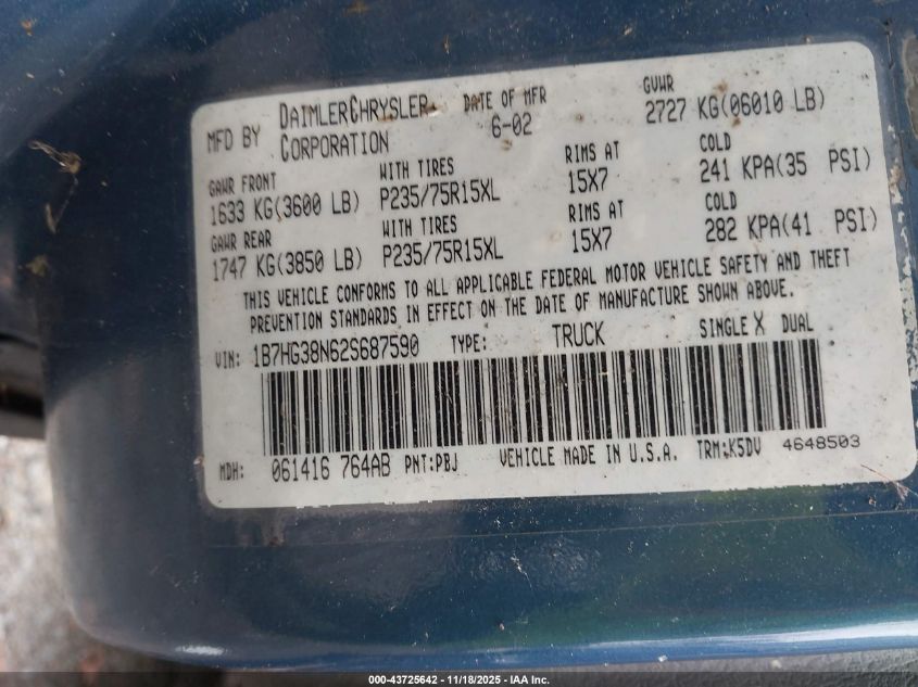 2002 Dodge Dakota Sport VIN: 1B7HG38N62S687590 Lot: 43725642