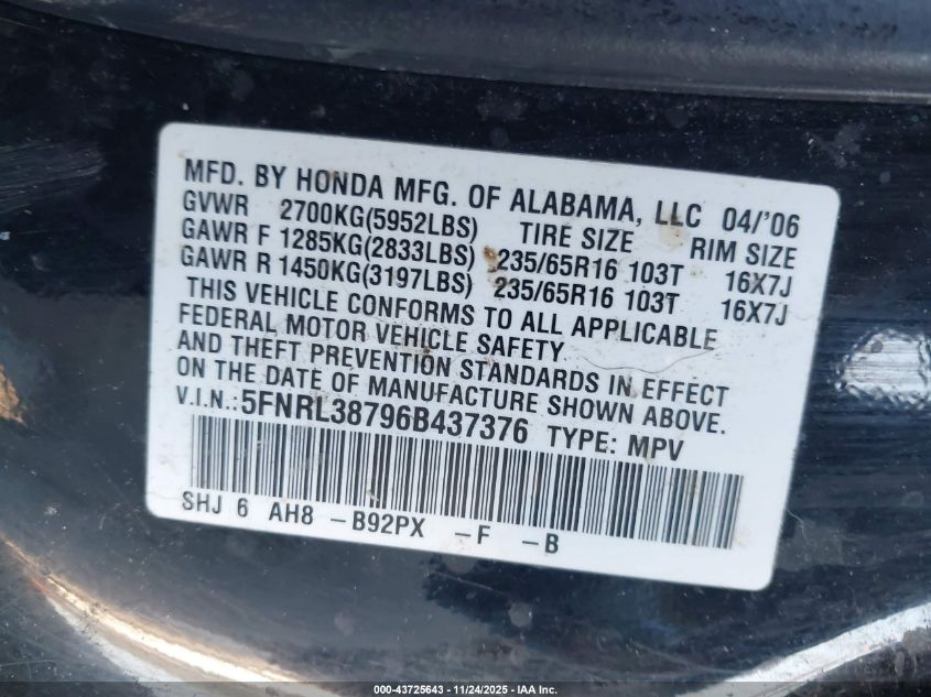 2006 Honda Odyssey Ex-L VIN: 5FNRL38796B437376 Lot: 43725643