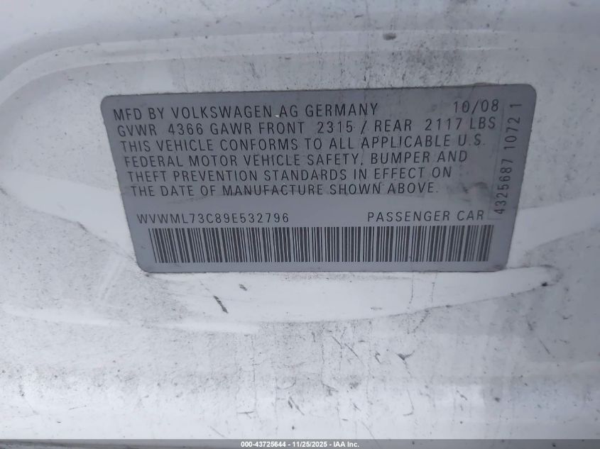 2009 Volkswagen Cc Sport VIN: WVWML73C89E532796 Lot: 43725644