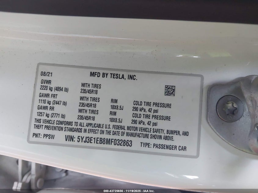 2021 Tesla Model 3 Long Range Dual Motor All-Wheel Drive VIN: 5YJ3E1EB8MF032863 Lot: 43725656