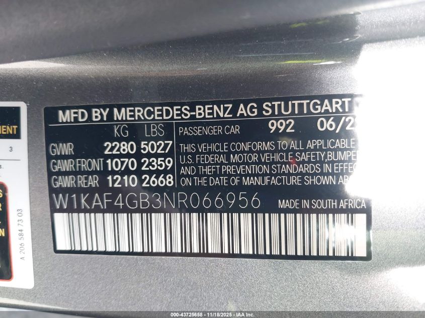 2022 Mercedes-Benz C 300 Sedan VIN: W1KAF4GB3NR066956 Lot: 43725658