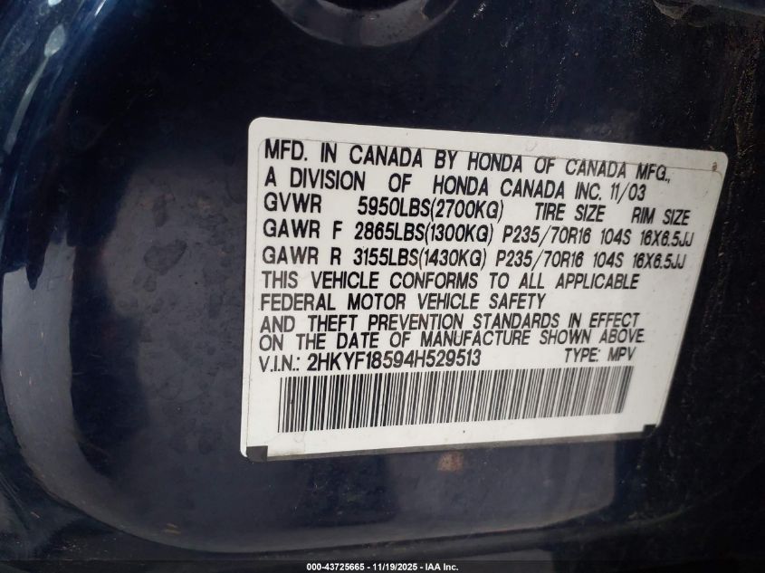 2004 Honda Pilot Ex-L VIN: 2HKYF18594H529513 Lot: 43725665