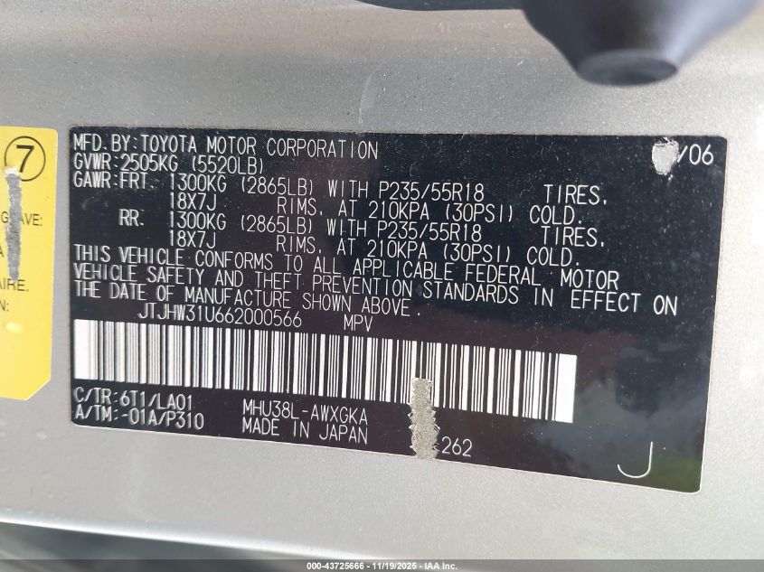 2006 Lexus Rx 400H VIN: JTJHW31U662000566 Lot: 43725666