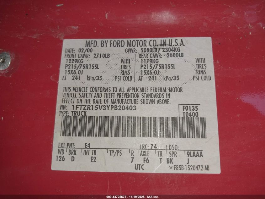 2000 Ford Ranger Xl/Xlt VIN: 1FTZR15V3YPB20403 Lot: 43725673