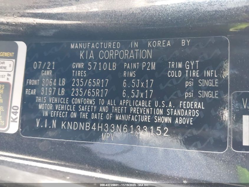 2022 Kia Carnival Mpv Lx VIN: KNDNB4H33N6133152 Lot: 43725681