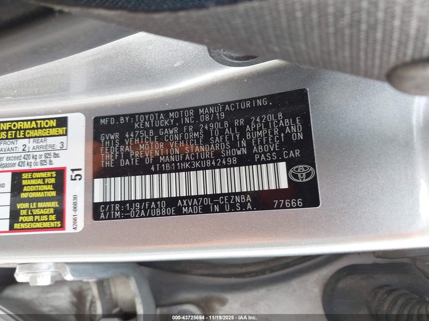 4T1B11HK3KU842498 2019 TOYOTA CAMRY photo no. 9