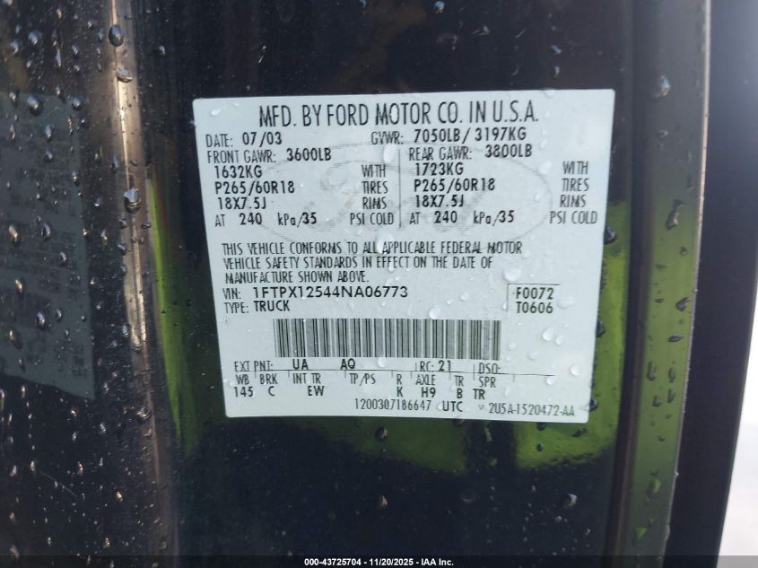 2004 Ford F-150 Lariat/Xl/Xlt VIN: 1FTPX12544NA06773 Lot: 43725704