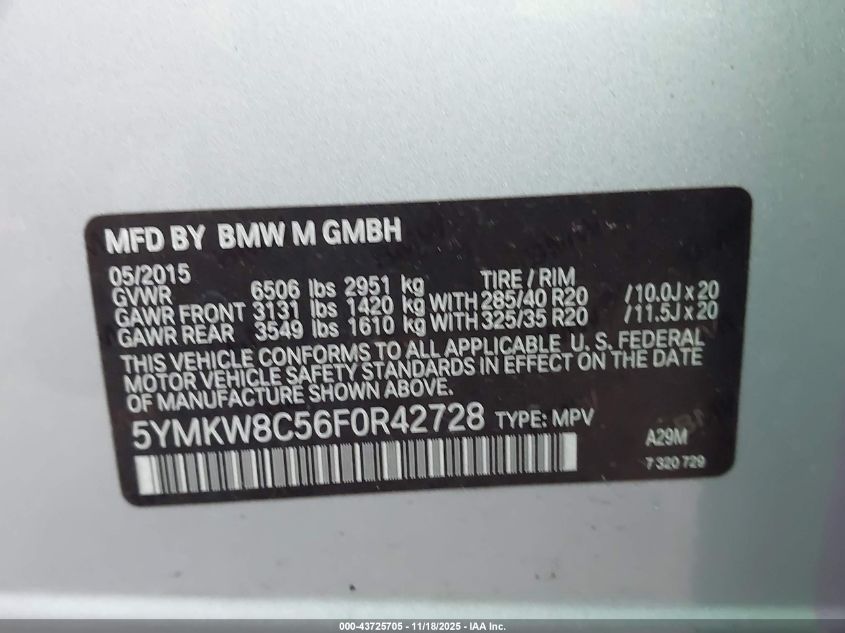 2015 BMW X6 M VIN: 5YMKW8C56F0R42728 Lot: 43725705