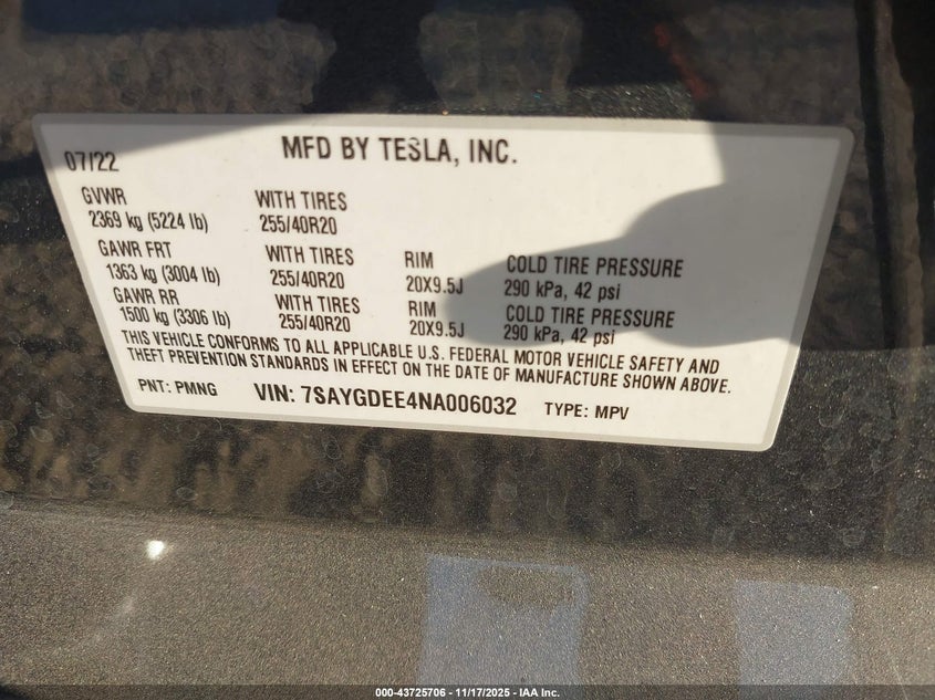 2022 Tesla Model Y Long Range Dual Motor All-Wheel Drive VIN: 7SAYGDEE4NA006032 Lot: 43725706