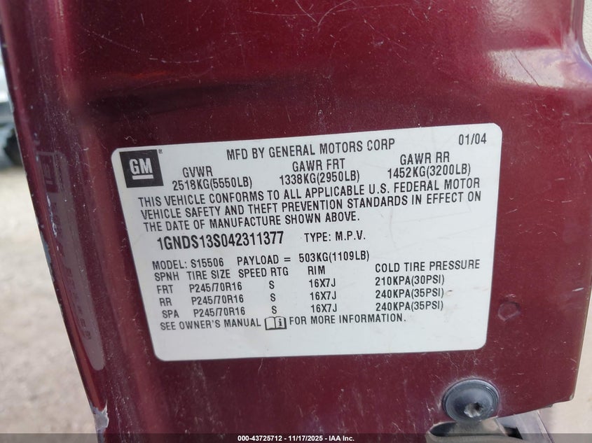 2004 Chevrolet Trailblazer Ls VIN: 1GNDS13S042311377 Lot: 43725712