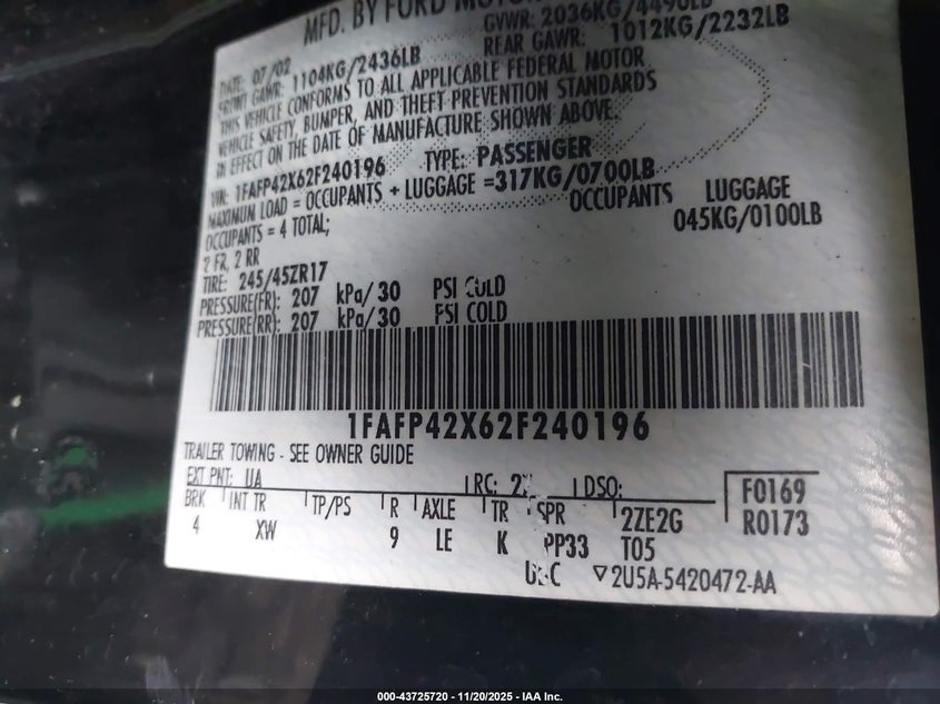 2002 Ford Mustang Gt VIN: 1FAFP42X62F240196 Lot: 43725720