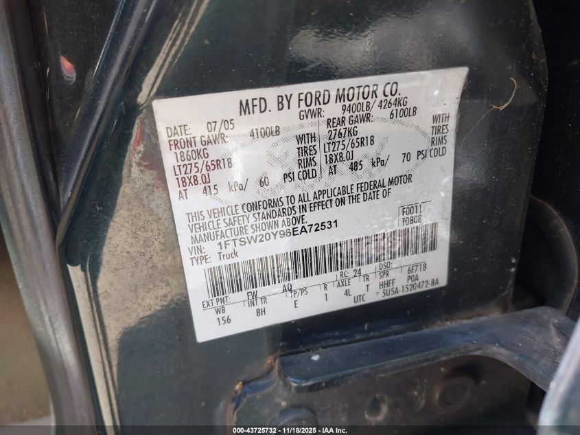 2006 Ford F-250 Lariat/Xl/Xlt VIN: 1FTSW20Y96EA72531 Lot: 43725732