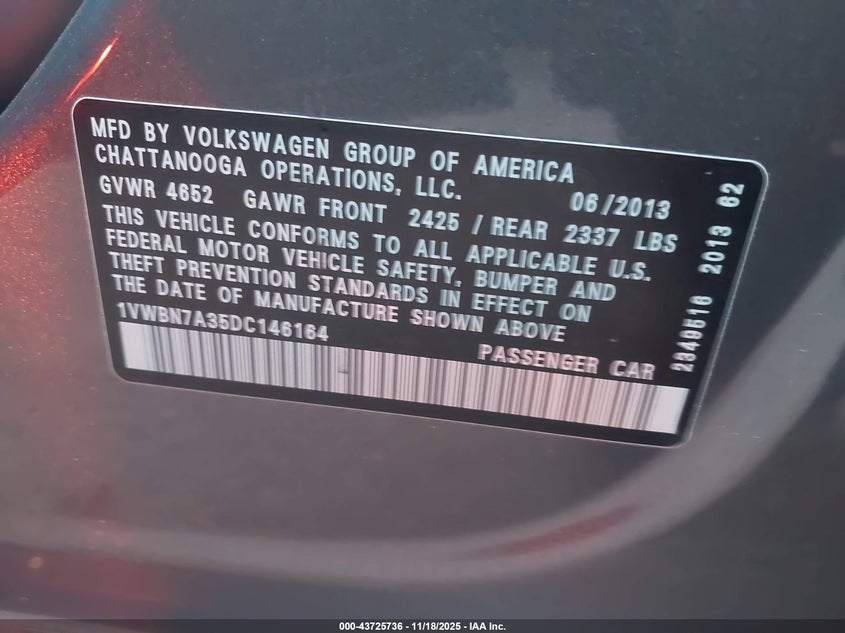 1VWBN7A35DC146164 2013 VOLKSWAGEN PASSAT photo no. 9