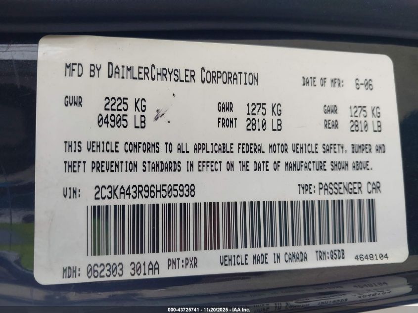 2006 Chrysler 300 VIN: 2C3KA43R96H505938 Lot: 43725741