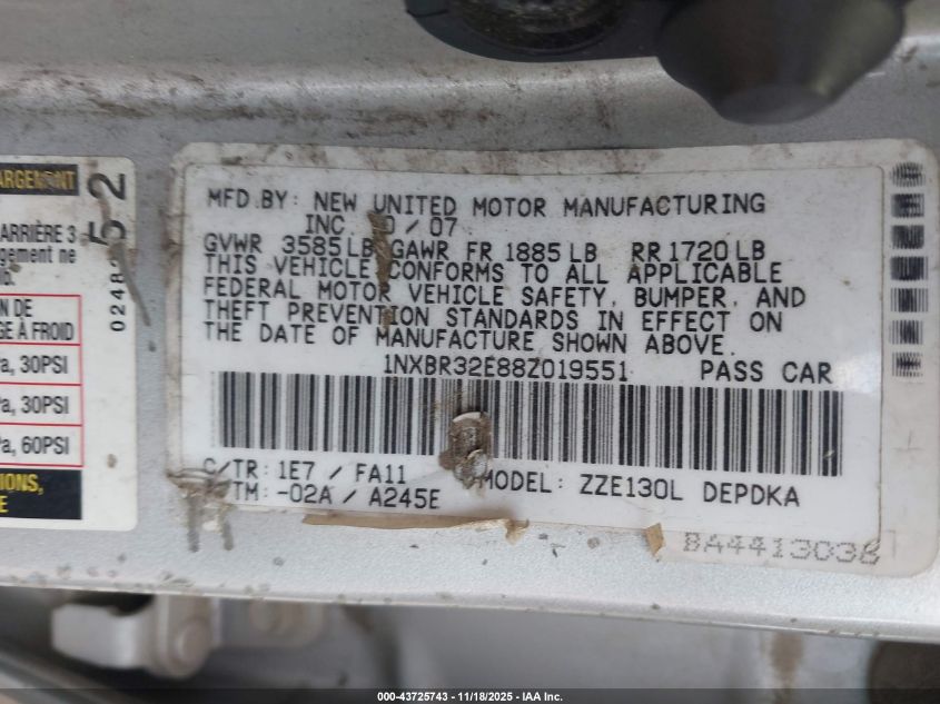 2008 Toyota Corolla Ce VIN: 1NXBR32E88Z019551 Lot: 43725743