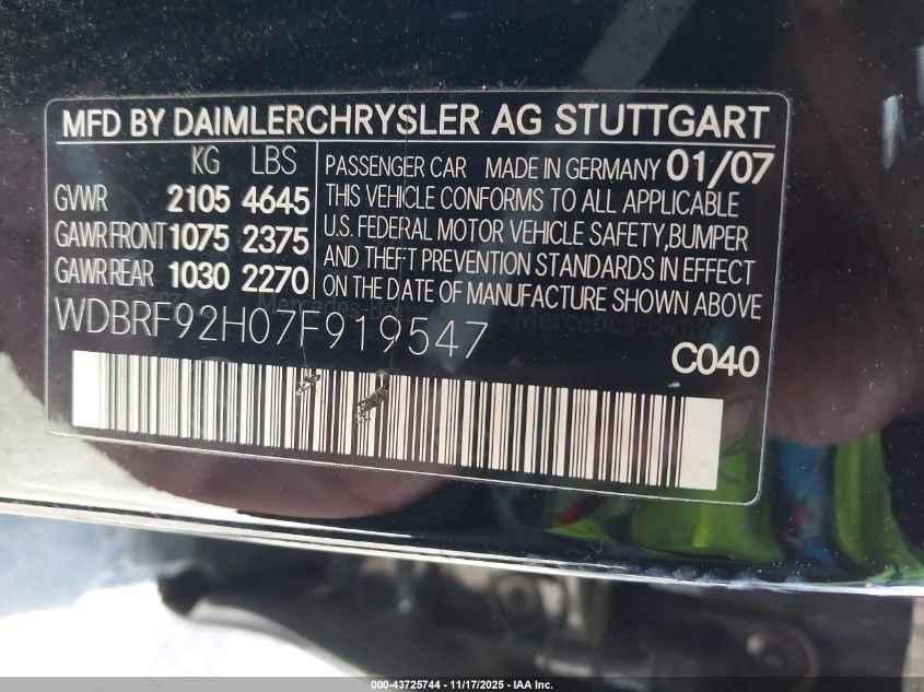 2007 Mercedes-Benz C 280 Luxury 4Matic VIN: WDBRF92H07F919547 Lot: 43725744