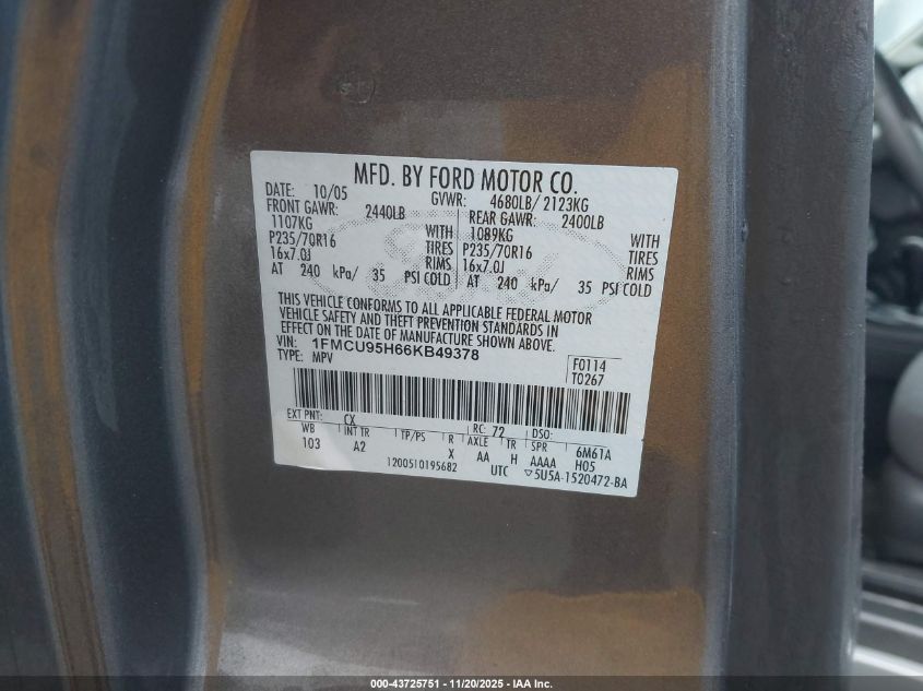 2006 Ford Escape Hybrid VIN: 1FMCU95H66KB49378 Lot: 43725751