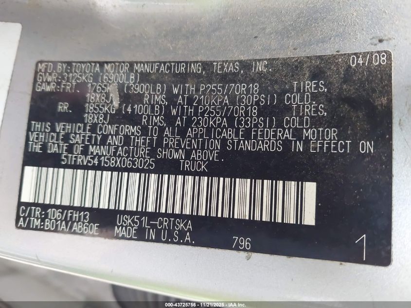 2008 Toyota Tundra Base 5.7L V8 VIN: 5TFRV54158X063025 Lot: 43725756
