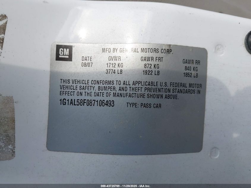 2008 Chevrolet Cobalt Lt VIN: 1G1AL58F087106493 Lot: 43802560