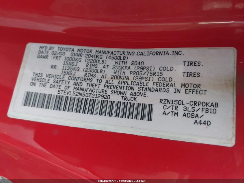 2003 Toyota Tacoma VIN: 5TEVL52N53Z212920 Lot: 43725778