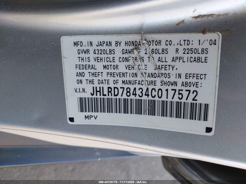 2004 Honda Cr-V Lx VIN: JHLRD78434C017572 Lot: 43725779